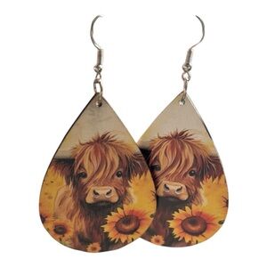Sunflower Highland Cow Wooden Teardrop Earrings